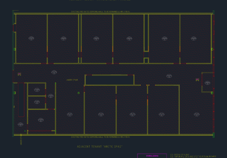 CAD floor plan for a virtual golf facility showing 9 simulator bays, ceiling symbols, and partition wall layout.