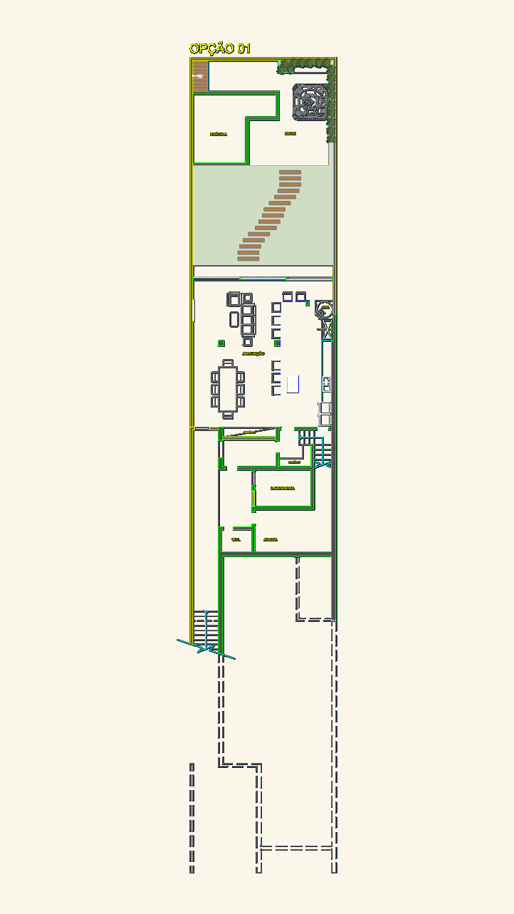 CAD floor plan of a narrow residential lot showing a gourmet kitchen extension, backyard deck, and edícula outbuilding.