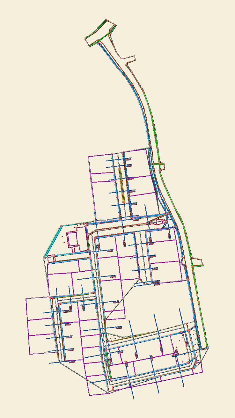 Civil engineering CAD plan showing road alignment, residential building footprints, and site drainage infrastructure.