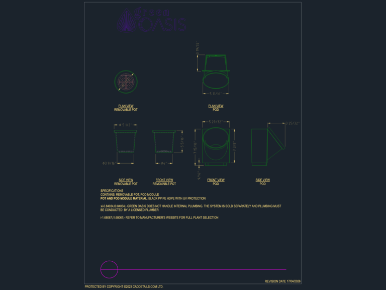 CAD technical drawing showing plan and elevation views for Green Oasis removable pot and pod assembly with dimensions.