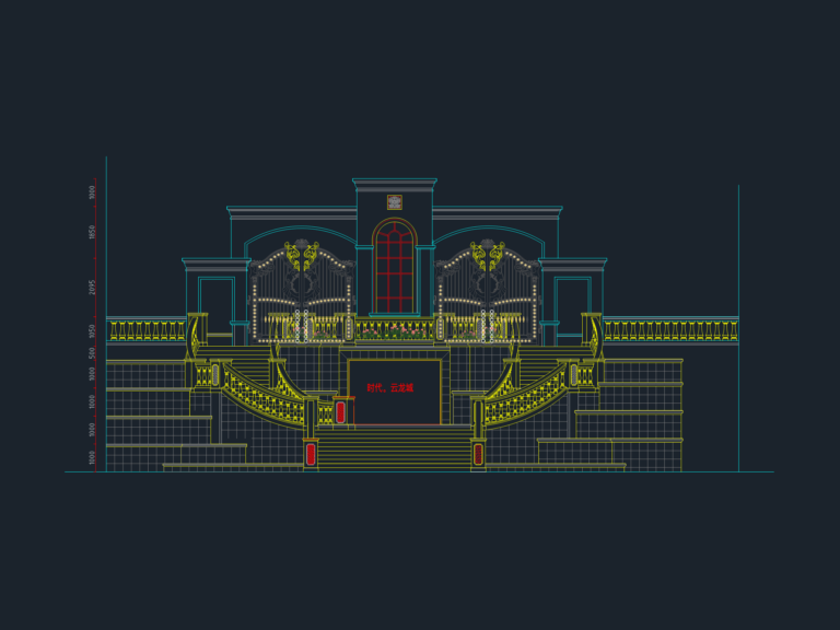 CAD elevation of an ornate park entrance featuring metal gates, curved staircases, and classical balustrades.