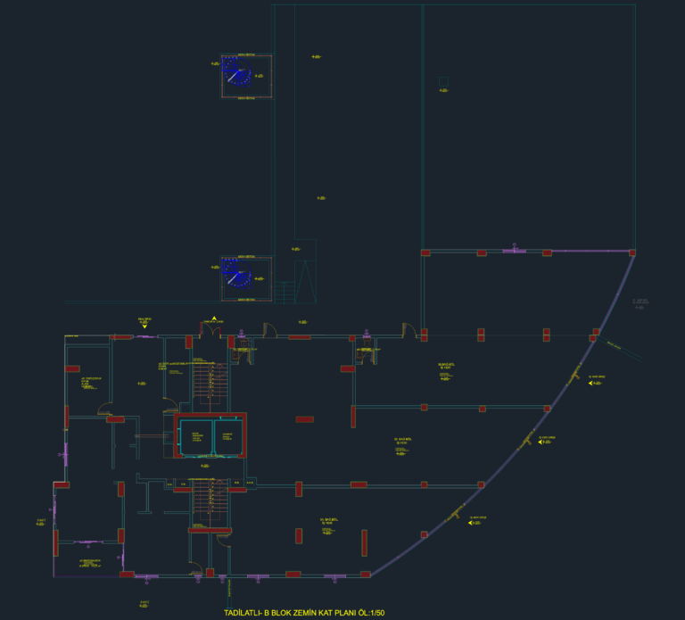Architectural ground floor plan for a mixed-use building showing shop layouts, elevator shafts, and staircase details.