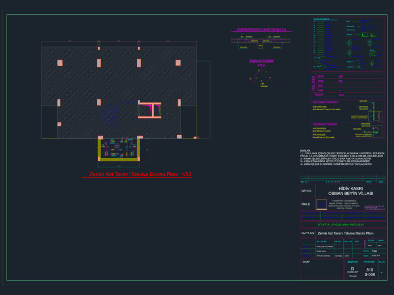 Villa ground floor ceiling reinforcement plan with rebar tables and epoxy anchor details in Turkish.