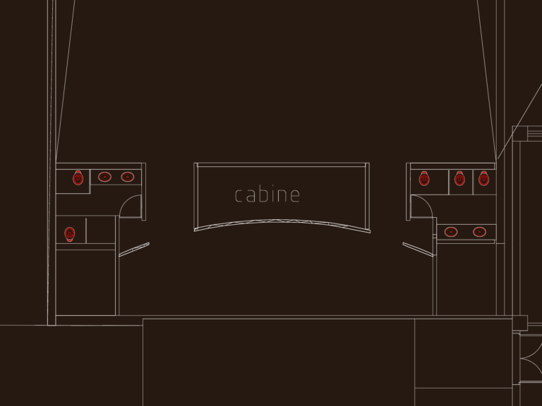 CAD architectural section of an auditorium control booth and adjacent restrooms for the SEBRAE Headquarters.