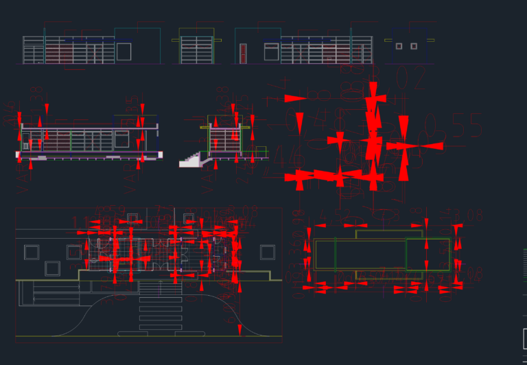 Architectural CAD drawings of a residential security booth including floor plans, cross-sections, elevations, and dimensions.