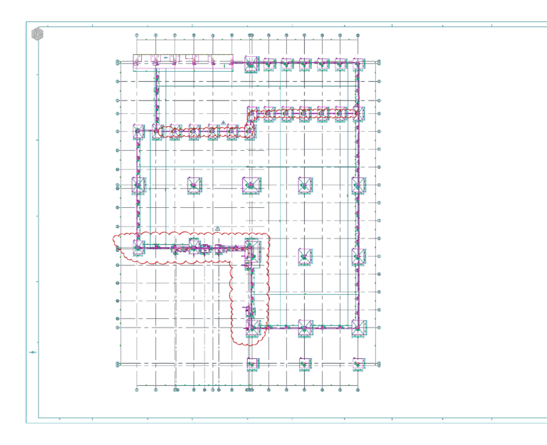 Foundation and formwork plan for a gypsum plant packing area showing structural grid and footings.
