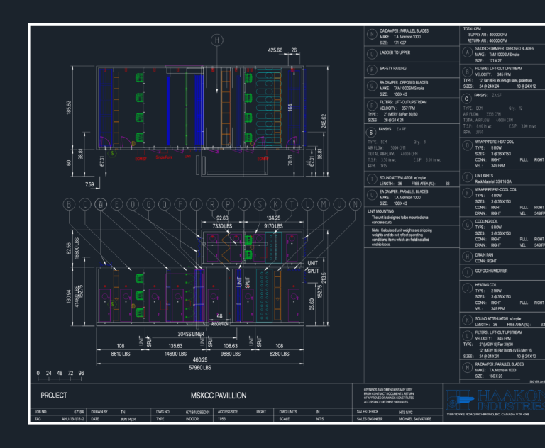 Technical CAD drawing of a 40,000 CFM Haakon Air Handling Unit with plan views, weight data, and component specifications.