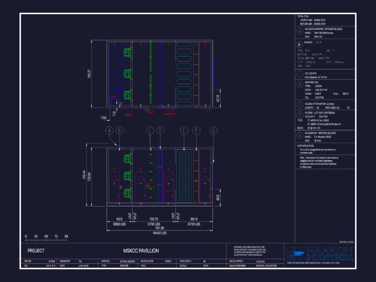 Plan and elevation CAD drawing of a Haakon AHU-3-3 air handling unit with mechanical specifications.