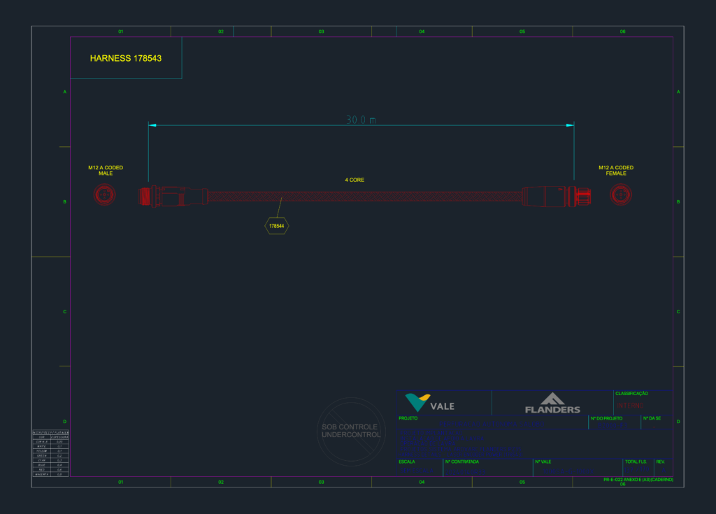 Technical drawing of a 30m 4-core laser encoder power harness with M12 A-coded male and female connectors.
