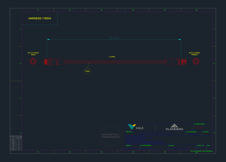 Technical drawing of a 30m 4-core laser encoder power harness with M12 A-coded male and female connectors.