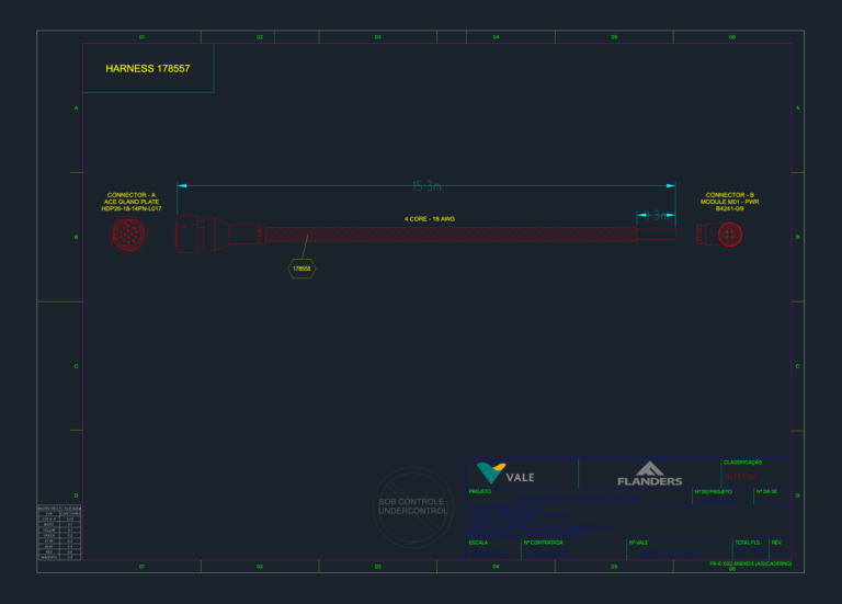 CAD drawing of electrical harness 178557 with 4-core 18 AWG cable, connector views, and 15.3m dimension.