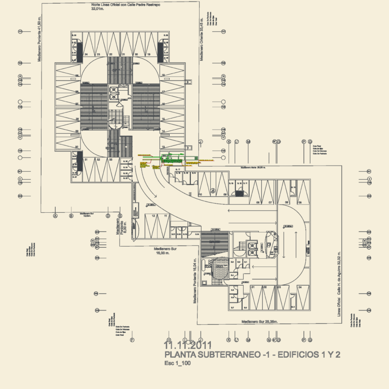 Basement floor plan showing electrical service entry, generator room, and cable tray paths for an apartment building.