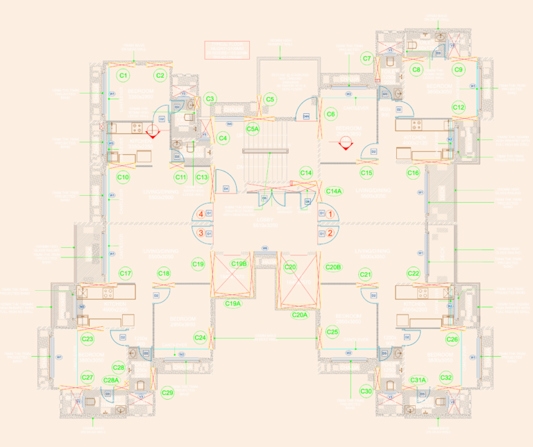 Architectural floor plan of a multi-unit residential floor featuring lift lobby, stairs, and apartment layouts.