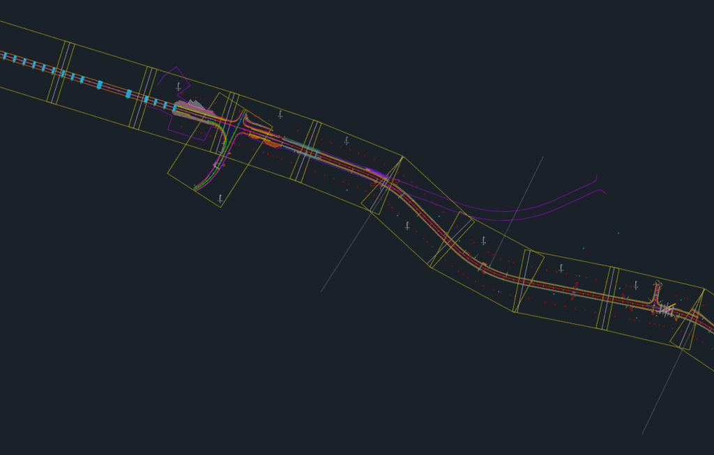 CAD alignment plan for Highway 8B showing stationing, offsets, and topographical contours.