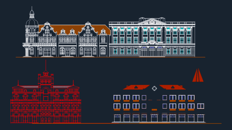 CAD elevations of four European buildings with classical architectural details, ornate moldings, and decorative columns.