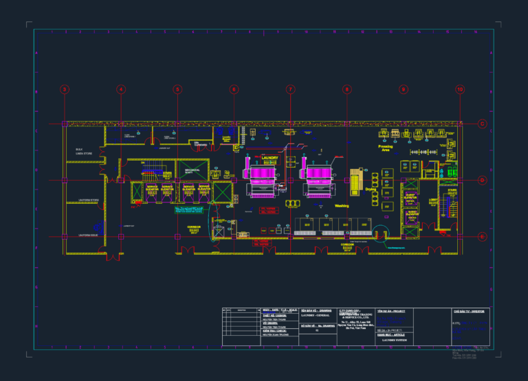CAD floor plan showing the layout of a commercial hotel laundry facility with industrial washing and drying equipment.