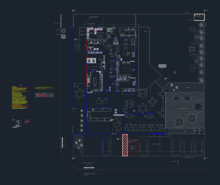 Architectural floor plan for a restaurant and bakery featuring professional kitchen equipment, dining areas, and parking.