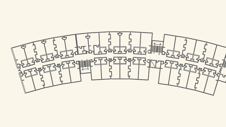 Curved architectural floor plan of hotel guest rooms and corridor with stairwells.