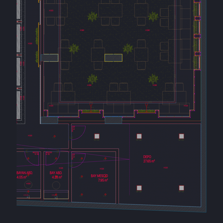 CAD layout of a hotel basement floor featuring a dining hall, storage room, and prayer rooms.