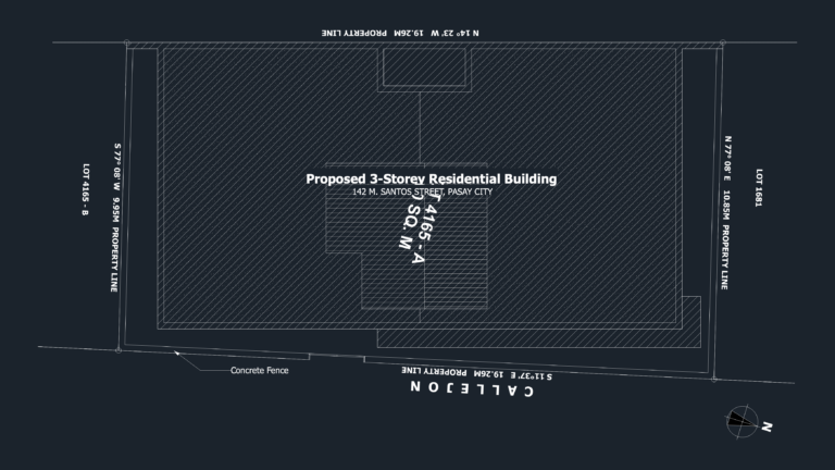 Site development plan for a 200 sqm lot showing property line bearings, 3-storey house footprint, and adjacent callejon.