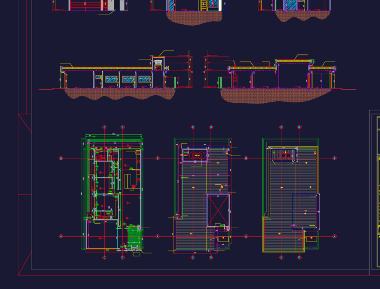 Architectural technical drawings showing floor plans, sections, and elevations for a 3 bedroom single story house.