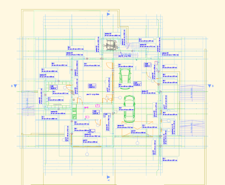 Technical CAD floor plan with a two-car garage and structural annotations for ring beams and lintels in metric units.