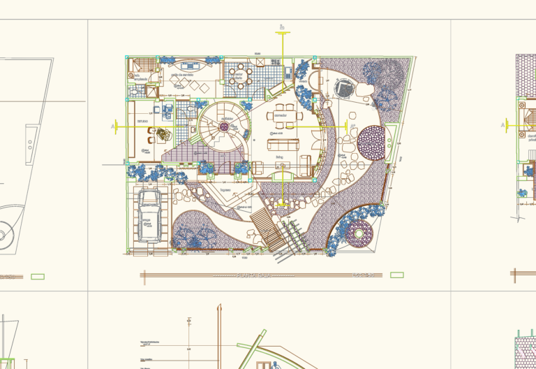 Ground floor plan of a multi-level luxury villa showing room layouts, landscaping, and garage details.