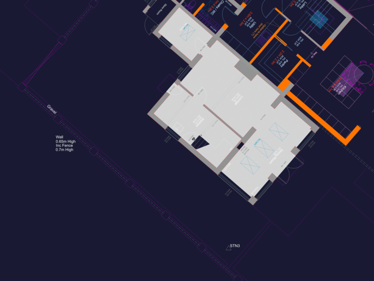 CAD floor plan showing kitchen, lounge, and dining room with site survey notes, dimensions, and floor levels.