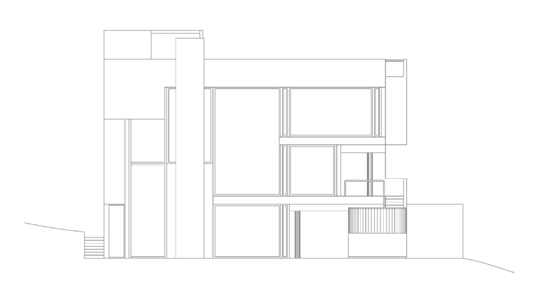 2D CAD south elevation drawing of Richard Meier's Smith House showing the vertical chimney and window glazing patterns.