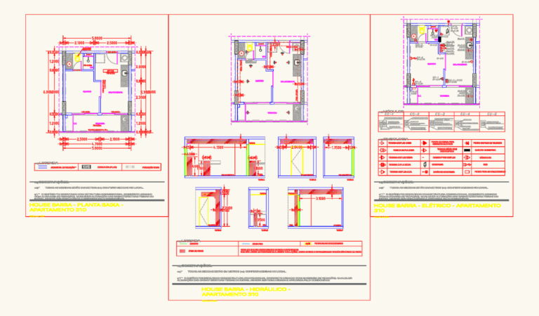 CAD floor plan, electrical points, and hydraulic layout for a residential apartment with interior elevations.