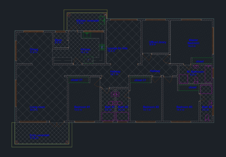 CAD floor plan of a 4-bedroom house showing room dimensions, names, and hatching for floor finishes.