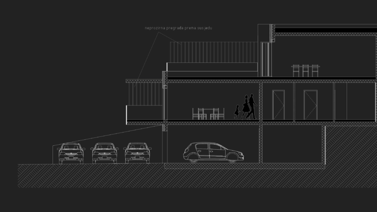 Architectural cross-section of a multi-story house on a sloped site with basement garage and living areas.