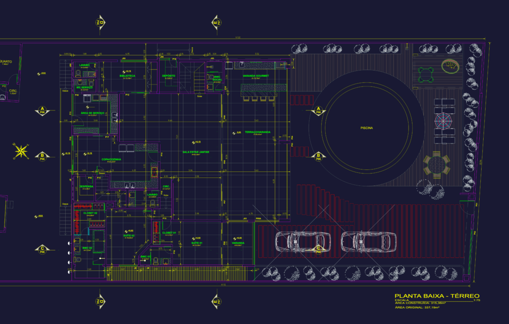 CAD architectural floor plan for a 315sqm modern villa featuring a circular pool, gourmet balcony, and garage.