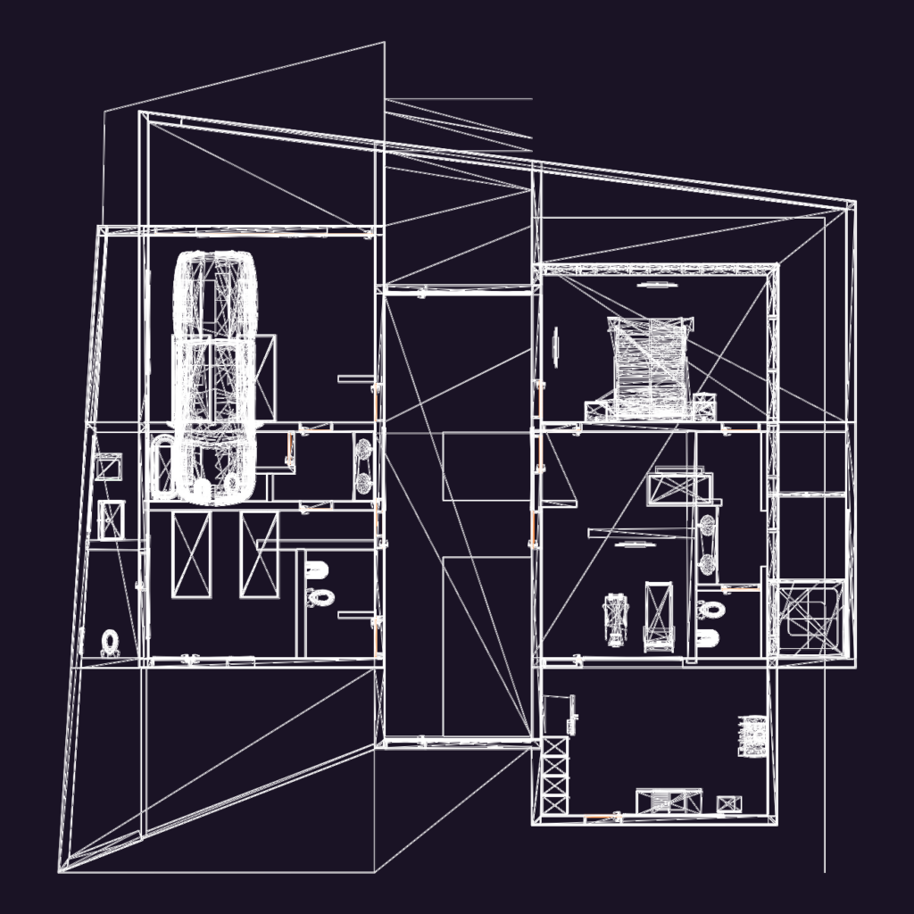Architectural floor plan of a 500 sqm residence featuring a garage with vehicle, bedrooms, and curtain wall glazing.