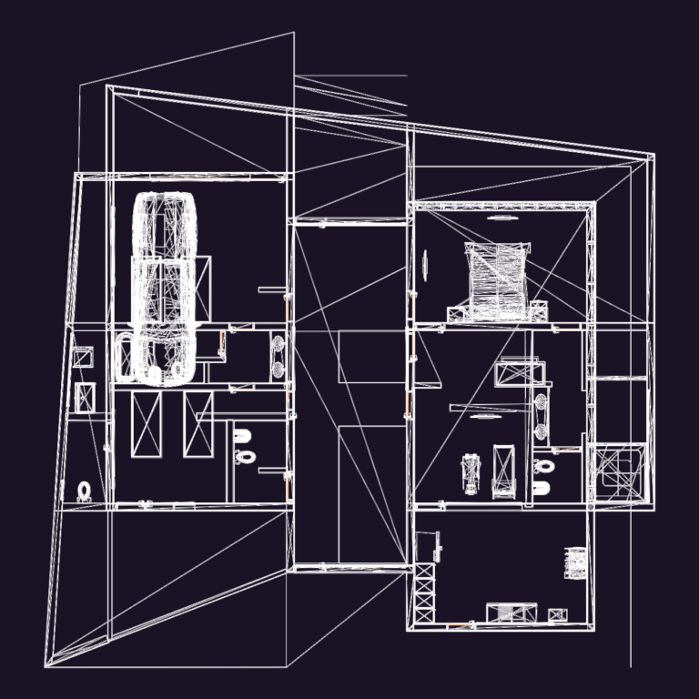 Architectural floor plan of a 500 sqm residence featuring a garage with vehicle, bedrooms, and curtain wall glazing.