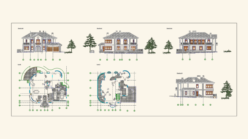 Two-Story House Plan with Garage and All Elevations