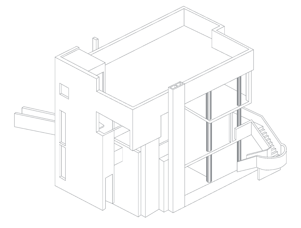 Axonometric CAD drawing of Richard Meier's Smith House with circular exterior staircase and modernist facade.