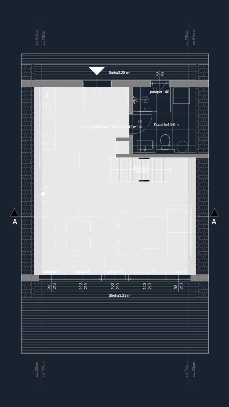 CAD floor plan of an A-frame cabin showing kitchen, living area, bathroom, and furniture layout with metric annotations.