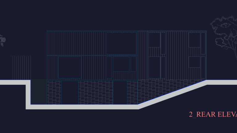 Rear elevation CAD drawing of a modern two-story house on a sloped site with vertical siding and masonry foundation.