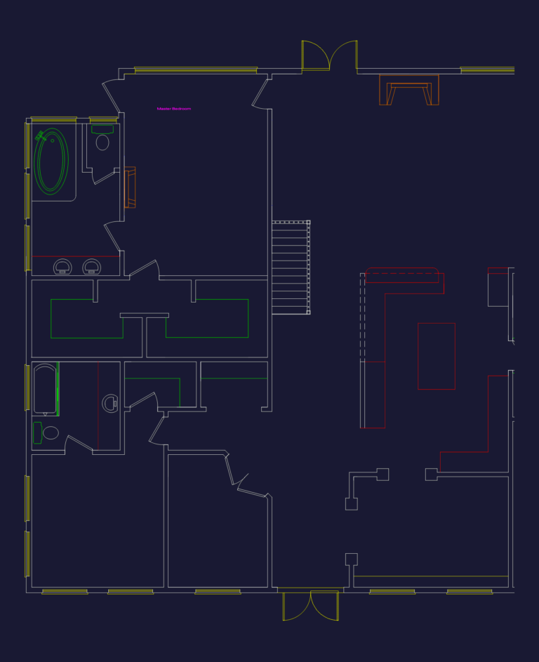 CAD floor plan showing master suite with whirlpool tub, walk-in closets, and open living area with furniture layout.