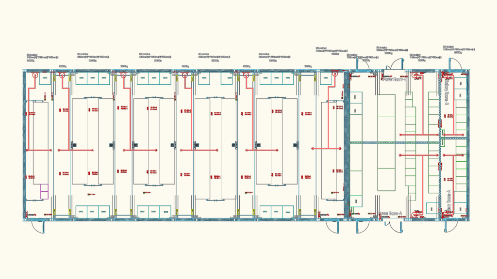2D floor plan of a containerized data center showing firefighting pipes, VESDA detectors, and CRAC units.