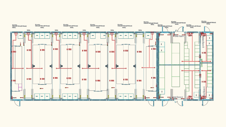2D floor plan of a containerized data center showing firefighting pipes, VESDA detectors, and CRAC units.