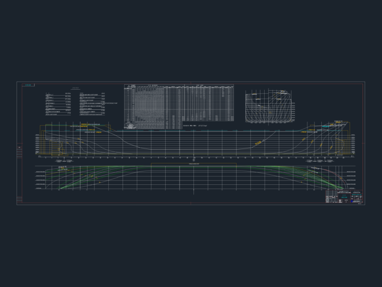 Naval architecture drawing of a 14000DWT tanker hull including body plan, profile, and half-breadth views.
