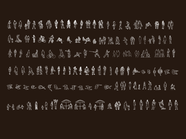 2D CAD drawings of people in various poses, including plan and elevation views of pedestrians, cyclists, and families.