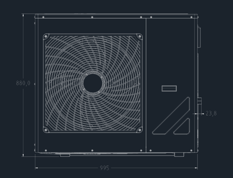 2D front elevation CAD drawing of an HVAC outdoor unit with fan grill detail and 880x995mm dimensions.