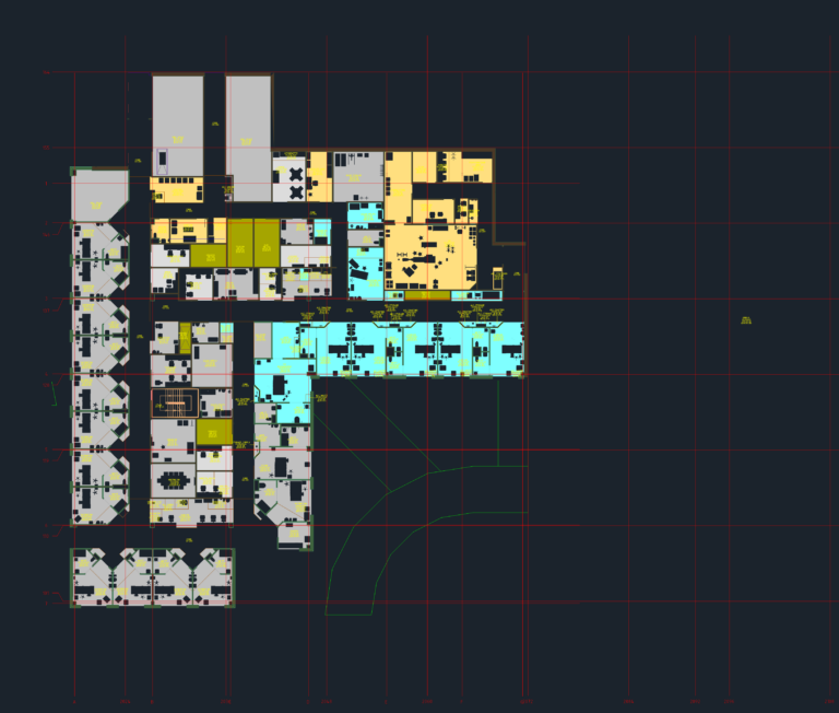 Architectural floor plan of a hospital hybrid OR suite with color-coded surgical zones and patient isolation rooms.
