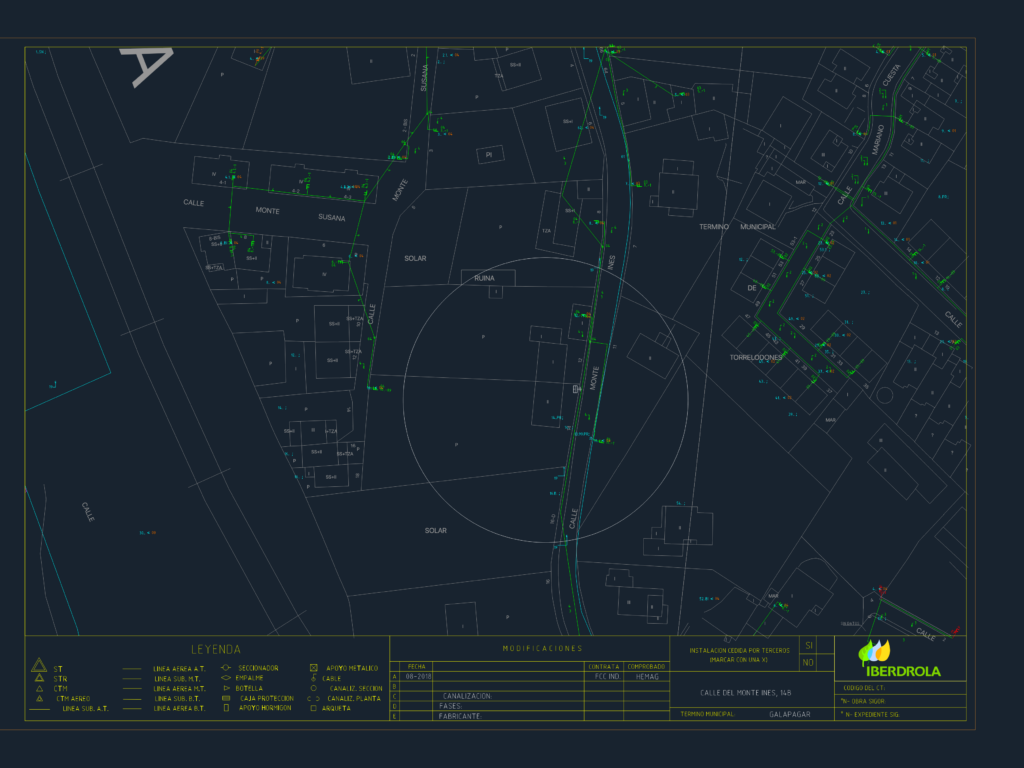 CAD site plan showing electrical utility layout and service connection legend for Iberdrola infrastructure in Galapagar.