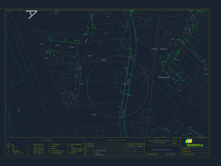 CAD site plan showing electrical utility layout and service connection legend for Iberdrola infrastructure in Galapagar.