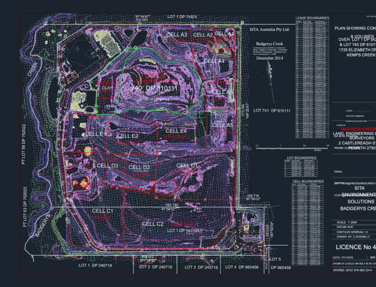 Topographic landfill site survey showing 1m contours, cell boundaries A1 to E4, and coordinate tables over aerial imagery.