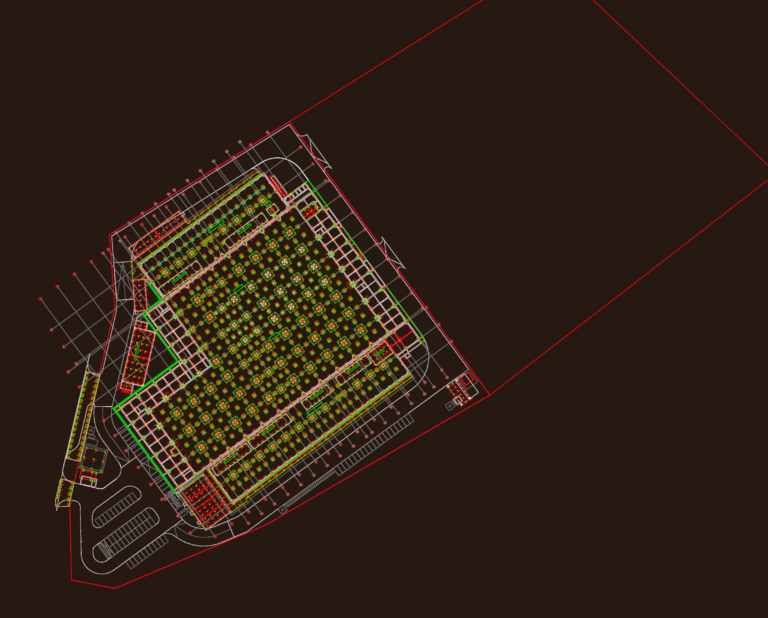 CAD topography layout for data centers in Batam featuring piling plans, mechanical yards, and tank locations.